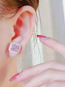 1 Đôi bông tai đính đá Cubic Zirconia màu hồng thanh lịch, phù hợp cho nữ giới, thích hợp cho đám cưới, lễ đính hôn, kỷ niệm, tiệc tùng, ngày Valentine và các dịp khác. - Bột bạc - Xem 4