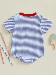 Baby Boy One-Piece With Waffle Striped Ice Cream Embroidery Stripe Print Summer One-Piece - Màu xanh lam - Xem 5