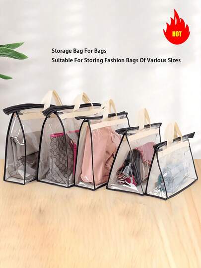 1pc Closet Hanging Dust Cover Storage Bag, Transparent PVC Waterproof Luxury Item Organizer, Beige