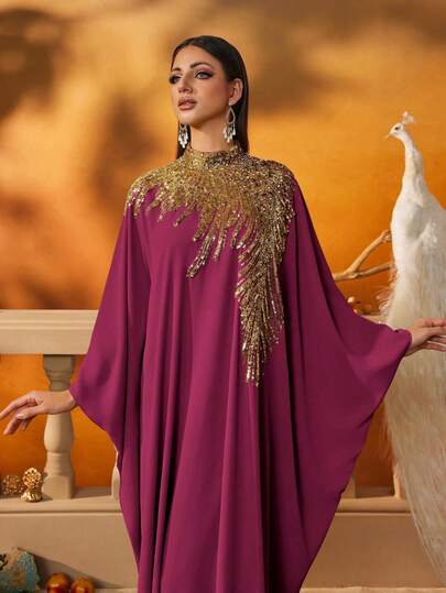 AmazingHoney Luxury Burgundy Kaftan Dress With Heavy Gold Sequin Embellishment, Long Sleeve Modest Abaya Gown For Festival Wedding, Women's Plus Size Jalabiya, Elegant Middle Eastern Style Spring