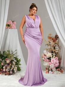 Abito da damigella d'onore Everly L elegante per primavera ed estate, con collo a V profondo, schiena scoperta, orlo a sirena in maglia elasticizzata, adatto per feste, balli, ospiti di matrimoni, cene