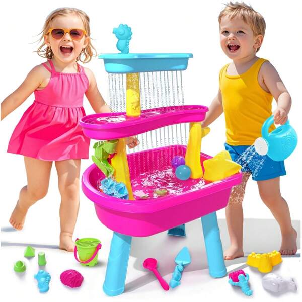 VATOS 3-Tier Wassertisch für Kinder 1-3, 37 Stück Kinder Wassertisch Regen Duschen Splash Pond Set für Outdoor-Hinterhof, Aktivität Sensory Sand Wasser Tische Sommer Spielzeug für Mädchen, Rosa