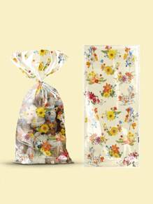 50pcs Floral Cellophane Treat Bags - Clear Plastic Goody Bags With Twist Ties, Assorted Wildflower & Teddy Bear Designs For Bridal Showers, Birthdays, Weddings, And Party Favors, Biscuit Self-Sealing Bag, Food Packaging Bag, Packaging Bag (4 Styles Mixed)