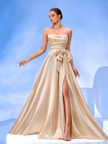 ADYCE Robe de balançoire à dos nu avec fente haute et nœud papillon structuré fait main, robe pour invité de mariage, convient aux événements formels, soirées, galas, fêtes, robe du soir, robe de soirée - Nude - Voir 5