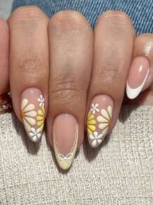 24pcs Summer Model Press On Nails French White Fake Nails French Yellow Nails Press On Medium Almond Shape Nails Art Fresh Design Nails Art Manicure Set Includes 1sheet Adhesive Tabs & 1pc Mini File Perfect For Everyday Wvear