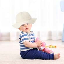 Baby Boy Girl Cotton Sun Hat Summer Bucket Hat Infant Wide Brim Fisherman Hat With Chin Strap - Màu be - Xem 3