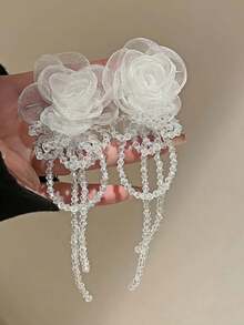 1 对欧根纱花朵水晶流苏耳环，小巧优雅百搭耳环配饰 - 白色 - 查看 3