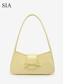 1 件复古简约芭蕾风格蝴蝶结豹纹外露衬里黄色波尔卡圆点安哥拉装饰单肩法棍包，适合约会、郊游、派对、情人节