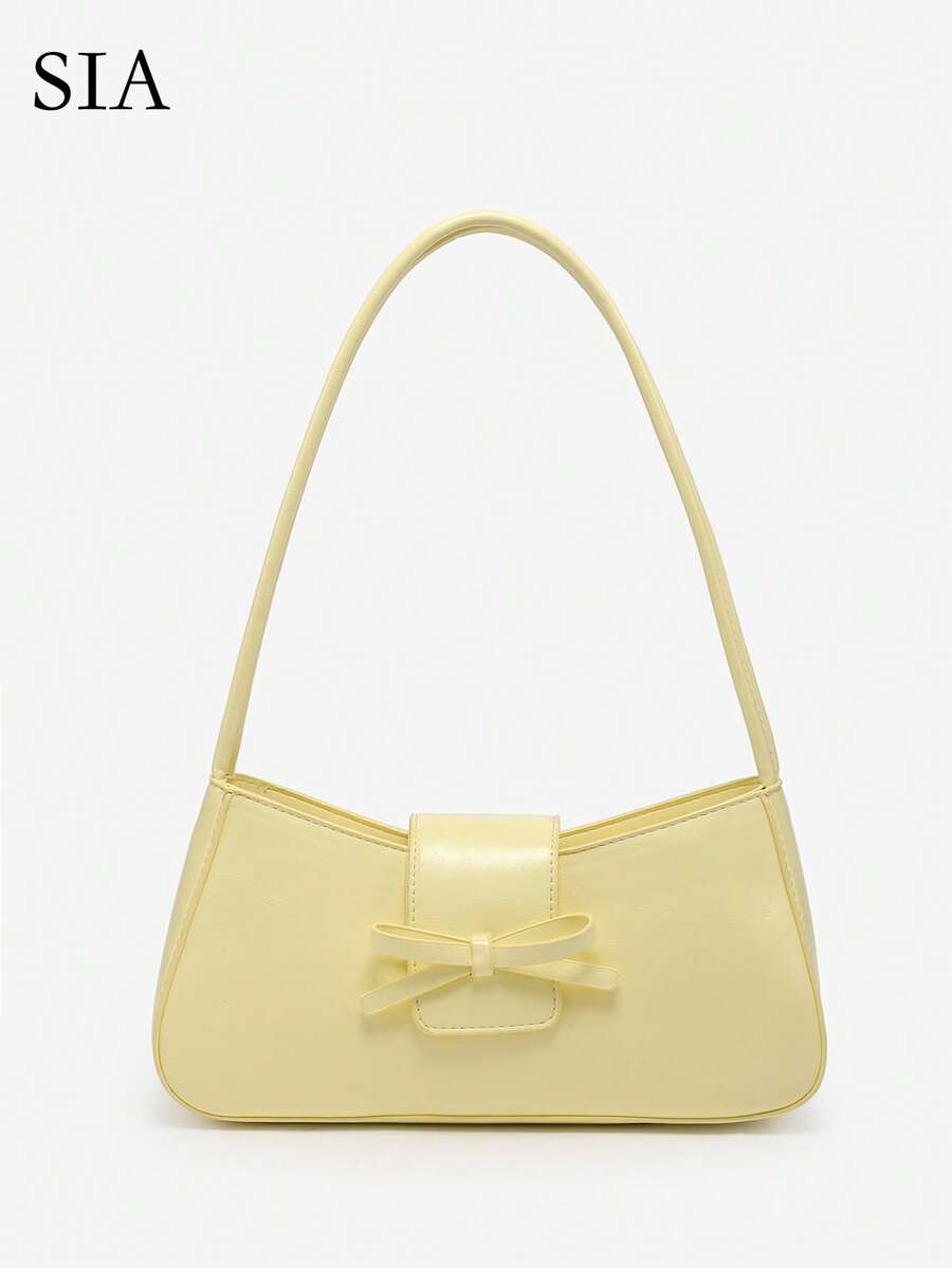 1 件复古简约芭蕾风格蝴蝶结豹纹外露衬里黄色波尔卡圆点安哥拉装饰单肩法棍包，适合约会、郊游、派对、情人节