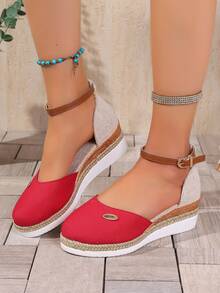 春秋新款女士加大码麻绳编织渔夫鞋，搭扣带闭趾厚底凉鞋 - 紅色 - 查看 4