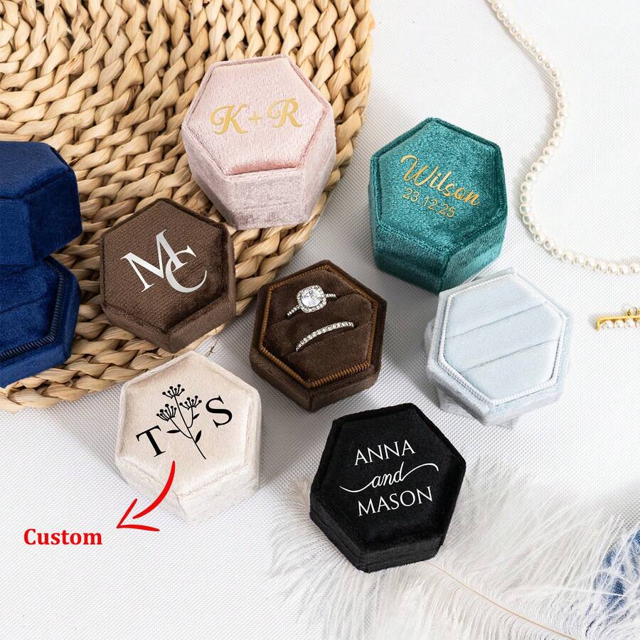 Personalized Velvet Double Slots Ring Box, Custom Name Wedding Ring Box, Engagement Hexagonal Ring Box, Wedding Proposal Ring Box, Multi-Functional, Ornamental, Reusable, Exquisite, Stylish, Colorful, Modern, Custom, Personalized, Unique, Ideal Gifts For Her, Boyfriend, Dad, Girlfriend, Mom, Family, Friends, Tea Room, Home, Garden, Office, For Anniversaries - Multicolor - View 1