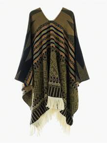 1pc Men's Striped Totem Travel Wrap Shawl With Tassels, Warm Patterned Poncho For Photography & Casual Wear