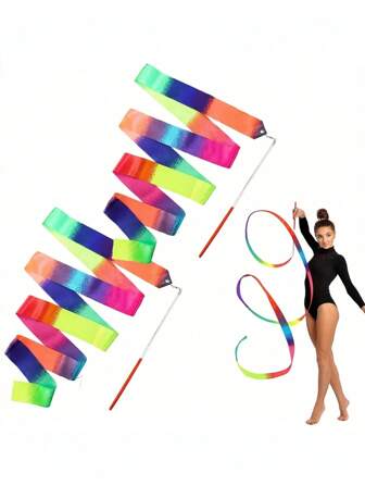 Twirling Rod Gymnastics Ribbons Gradient Colors Rhythmic Ballet Streamer 2m 4m Lightweight Dance Ribbon(Pink Or Red Hand Sticks Are Randomly Shipped)