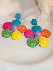 1 Pair Raffia Woven Mini Flower Dangle Earrings - Multicolor - View 3