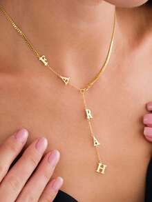 One Piece Of 18K Gold-Plated Stainless Steel Jewelry, Lasso Necklace, Delicate Teardrop Name Necklace, Long Y-Shaped Necklace, Initial Necklace, Custom Letter Necklace, Comes With A Beautiful Gift Box, Suitable For Everyday Wear, Valentine's Day Gift, Necklace For Family, Friends And Relatives (Letters Will Automatically Convert To Uppercase), Jewelry And Watches, Seasonal Selection, Custom Name Stainless Steel Necklace, Personalized Nameplate. - NK Gold Chain - View 10