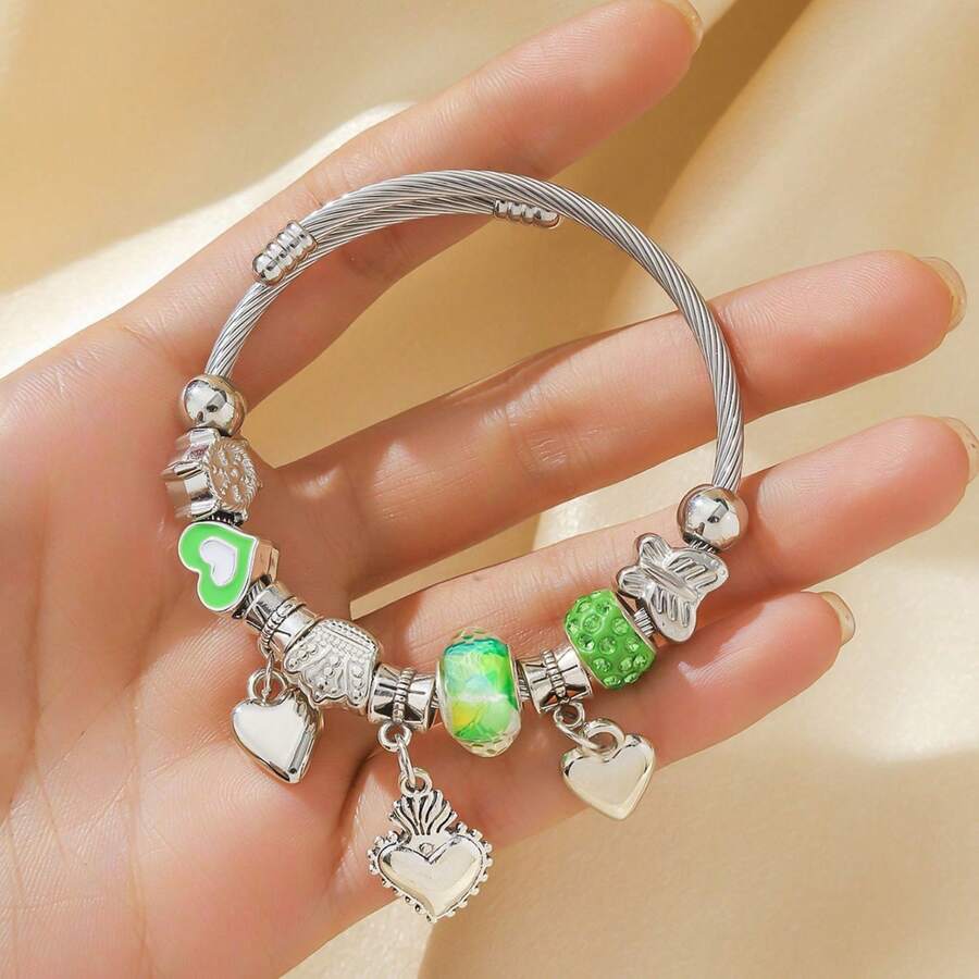 Popular Classic Silver Stainless Steel Bracelet Exquisite Pendant Alloy Adjustable Couple Bracelet - 綠色 - 查看 1