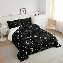 Castle Fairy Sun And Moon Bedding Set Twin/Full/Queen Size,Black And White Starry Galaxy Comforter For Adult,Boho Hippie Constellation Bedding Decor Duvet Insert,Twin Only 1 Pillowcase,Queen Size 2 Pillowcases - 黑色 - 查看 3