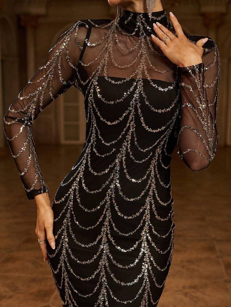 Missord Sheer Mesh Yoke Sequin Prom Dress Black Elegant Long Sleeve Formal Evening Wedding Guest Gown, For Graduation, Dinner Party Dress Spring Vacation
