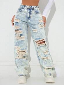 Jeans rectos de cintura alta con bolsillos laterales y abertura, estilo vintage Y2K, casual, color blanco, para primavera - Blanco - Ver 5