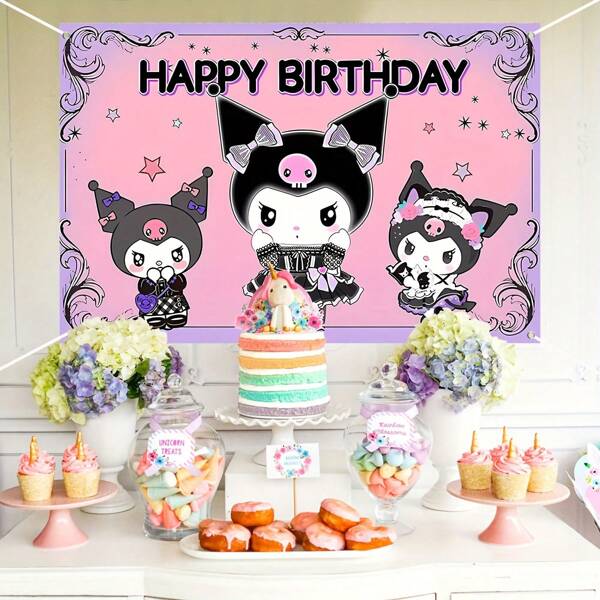 Sanrio 1 pieza Tela de fondo para decoración de fiesta de cumpleaños de Kuromi de color rosa de fibra de poliéster de 150 * 100 cm, adecuada para fiestas de cumpleaños y revelación de género