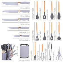 19pcs Premium Silicone Kitchen Utensil & Knife Set - Heat-Resistant, Non-Stick Safe Cooking Tools With Wooden Handles & Chef Knives - Includes Storage Stand - Perfect Gift For Juneteenth