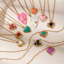 1pc Retro Colorful Drip Oil Heart Shaped 18K Gold Plated Stainless Steel Pendant Necklace, Fashionable Jewelry Gift For Stylish Lover - Gold - View 2