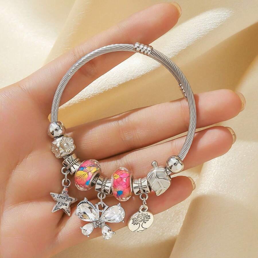 Popular Classic Silver Stainless Steel Bracelet Exquisite Pendant Alloy Adjustable Couple Bracelet - Hồng -2 - Xem 1