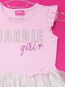 Barbie Vestido de niña confeccionado en tejido de punto, estampado y combinado con foil plateado - Rosa - Ver 3