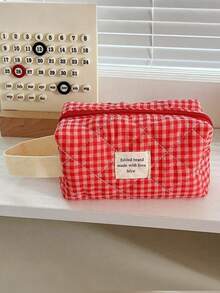 Cranberry Red Plaid Portable Toiletry Makeup Bag, Soft Cloth Surface Storage Bag For Home And Travel, Women's Handbag Toiletry Bags Summer Travel Essentials For Beach Vacation Holiday School Supplies Dorm Essentials Back To School - Multicolor - View 10