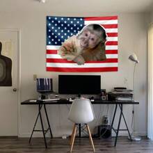 1pc Funny Monkey And Tulip Tapestry With American Flag Background, Decorative Wall Hanging Suitable For Living Room, Bedroom, Office, Humorous Decor, Pet And Floral Theme, All-Season, Made Of Polyester, Comes With 3 Wall Nails And 2 Clips