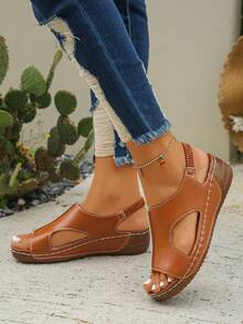 Sandalias de plataforma con cuña cómodas para exteriores y playa, estilo minimalista de talla grande, color marrón óxido, puntera redonda, para damas, tallas del 36 al 45 - Óxido marrón - Ver 4