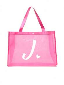 Túi lưới đi biển in chữ cái A-Z và hình trái tim, túi xách đi biển gấp gọn, dung tích lớn, nhẹ, chất liệu lưới, trong suốt, thích hợp để đựng đồ đi biển và mua sắm, túi vuông, túi xách tay, túi đeo vai, túi lưới. - Hồng - Xem 14