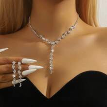 3-4pcs Set Minimalist Rhinestone Claw Chain Necklace, Earrings And Bracelet, Suitable For Ladies Daily Wear, Summer Accessories, Women Jewelry Sets For Festivals, Formal Events And Parties - Silver - View 5