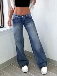 Jeans vintage da donna a gamba dritta allentati e consumati - Blu lavato scuro - Visualizzare 4