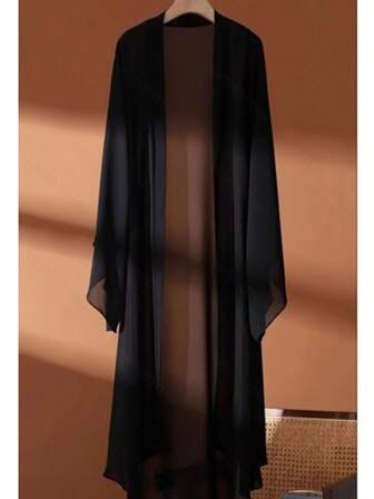Bohemian Style Long Sleeve Black Chiffon Waist-Tied Outerwear With Flowing Scarf-Lightweight, Non-Stretchy Fabric, Suitable For Spring And Autumn