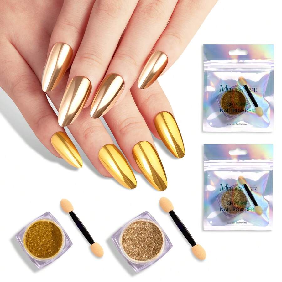 2 Jars Chrome Nail Powder Y2K Aesthetic Metallic Mirror Effect Holographic Aurora Chameleon Chrome Powder For Nail Art Gel Polish, Nail Supplies For Nails Gold Glitter Powder - 金色和香檳金色 - 查看 1