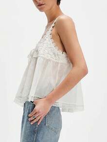 Women Lace Tie Front Tank Top Sleeveless Scoop Neck Lace Trim Sheer Ruffle Crop Vest Tops Summer Y2k Cute Cami Shirt - 白色 - 查看 4