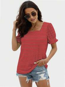 QGEMANWU Women's Square Neck T Shirt Ruffle Sleeve Casual Fashion Summer Tops Material - 條紋紅 - 查看 4
