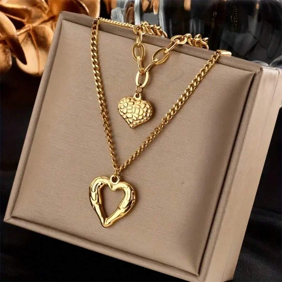 Set Of Two Stainless Steel Heart Pendant Necklaces - Cool And Hip-Hop Collarbone Chain Set - Yellow Gold - View 1