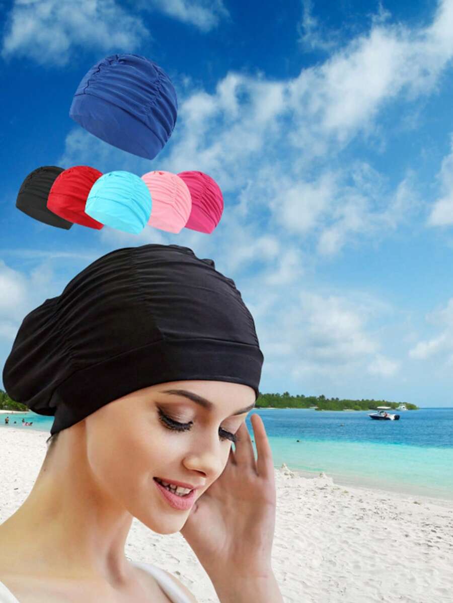 1PC Swimming Sports Cap, Swim Cap, Pleated Adult Comfortable Long Hair With No Restriction, Solid Color Large Cloth Swim Cap, Beach Essentials, Beach Accessories, Pool Float - Multicolor - View 1