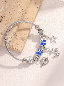 Popular Classic Silver Stainless Steel Bracelet Exquisite Pendant Alloy Adjustable Couple Bracelet - 藍色-1 - 查看 3