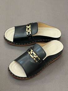 Summer Fashion Preppy Casual Elegant Metal Chain Detail Slide Sandals, Convenient And Cool For Going Out