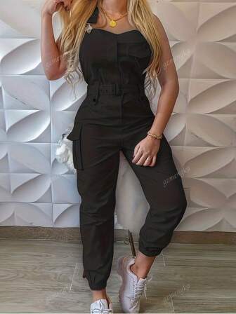 European & American Style Women Cargo Pocket Design Sleeveless Jumpsuit Casual Ankle-Length Pants With Belt, Minimalist Cargo Pants