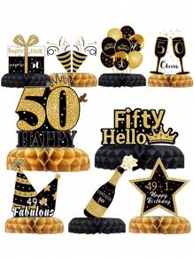 9pcs/Set Original Design 50th Birthday Honeycomb Ornaments For Birthday Party Backdrops Decor, Room Decor Supplies, 50th Birthday Party Favor, Birthday Gift, Birthday Decor Room Decor, Home Decor