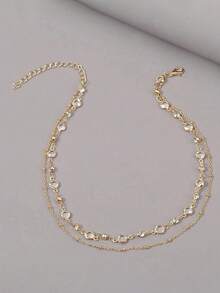 1pc Women Elegant Crystal Inlaid Double Chain Necklace, Suitable For Daily Wear, Balls, Galas, Parties, Gift, Fashion High-End Decorative Jewelry - Yellow Gold - View 9