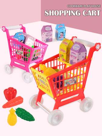 Carrito de compras de juguete, juego de rompecabezas DIY con carrito de supermercado, con accesorios de frutas, verduras, leche, postres, galletas en dibujos animados, regalo ideal para niños y niñas, accesorios aleatorios