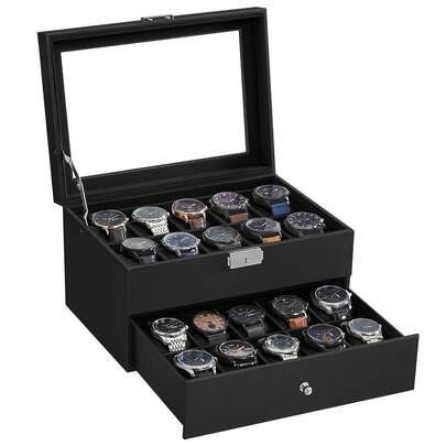 SONGMICS 20-Slot Watch Box, Watch Case With Glass Lid, 2 Layers, Lockable Watch Display Case, Black Synthetic Leather