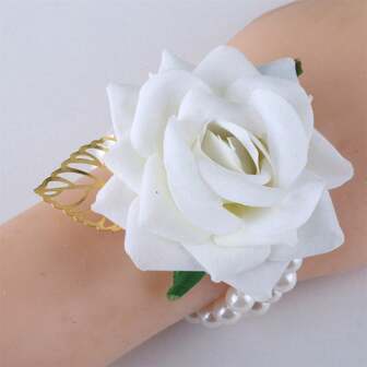 1 件女士玫瑰花配金叶装饰腕花，珍珠和水晶钻优雅伴娘腕花，婚礼派对配饰