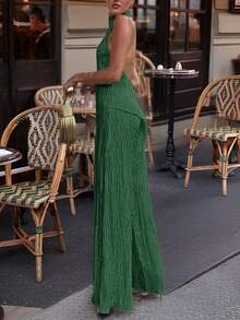 1set Women Elegant Solid Color Textured Halter Neck Tank Top 2 Pieces