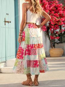 New Lightweight Floral Patchwork Pleated Skirt, Japanese Style Fresh Cute Ditsy Floral Summer Vacation Fashion Holiday Casual Skirt Suitable For Hawaii, Music Festivals, Ladies' Day Celebrations, Country Music Concerts, Graduation, Parties, Independence Day